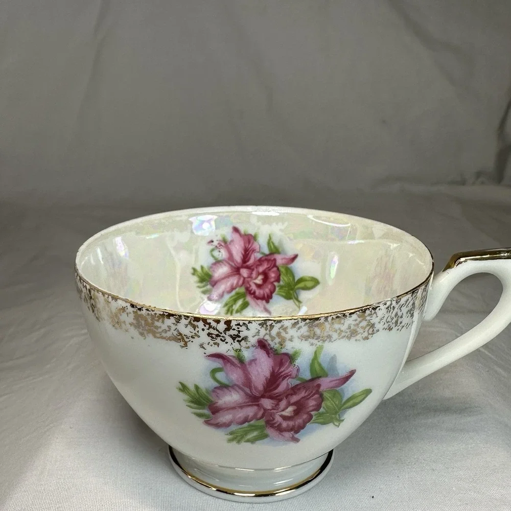 Iridescent Pink Orchid Tea Cup Reticulated Saucer‎ Lusterware Grandmillennial